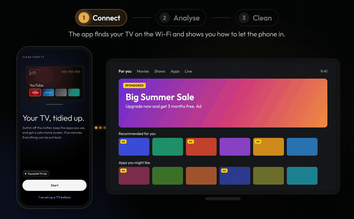 https://github.com/udhaykumarbala/cleanyourtv-app/blob/HEAD/Three steps, phone and TV side by side. 1 Connect: the app finds the TV and the TV asks to allow the phone. 2 Analyse: the phone reads the TV and shows 22 things to switch off while the TV is untouched. 3 Clean: the phone shows Making it clean while the TV shows a lantern scanning the old cards and drawing them into a soft black hole, and the TV ends on its new home screen.