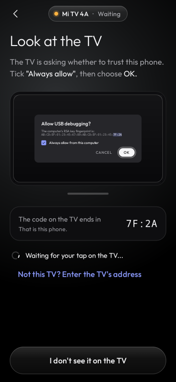 https://github.com/udhaykumarbala/cleanyourtv-app/blob/HEAD/Look at the TV: the TV asks whether to trust this phone; tick Always allow, then choose OK