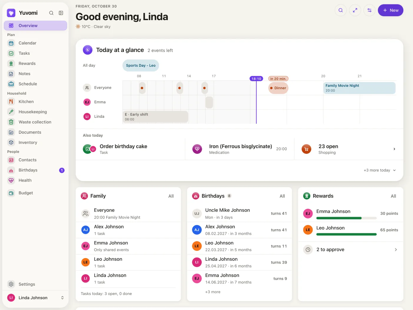 https://github.com/ulsklyc/yuvomi/blob/HEAD/The Yuvomi overview: today's events, tasks and shopping for the whole family, with the family, birthdays and rewards below