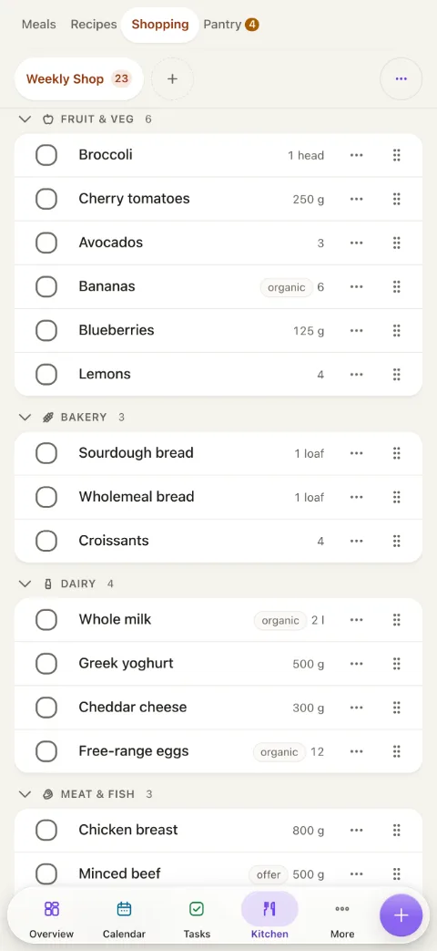https://github.com/ulsklyc/yuvomi/blob/HEAD/The shared shopping list on a phone, sorted by aisle: fruit and veg, bakery, dairy, meat and fish